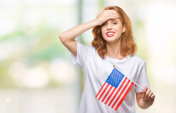 Joven Mujer Hermosa Sosteniendo Bandera América Sobre Fondo Aislado Estresado —  Fotos de Stock