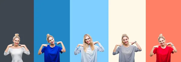 Collage Young Beautiful Blonde Woman Vivid Colorful Vintage Stripes Isolated — Stock Photo, Image