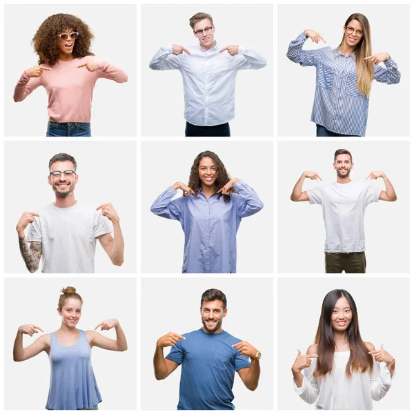 Collage Van Groep Jongeren Vrouw Mannen Witte Solated Achtergrond Zoek — Stockfoto