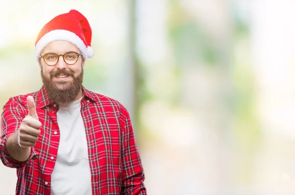 Young Caucasian Man Wearing Christmas Hat Isolated Background Doing Happy — Stock Photo, Image