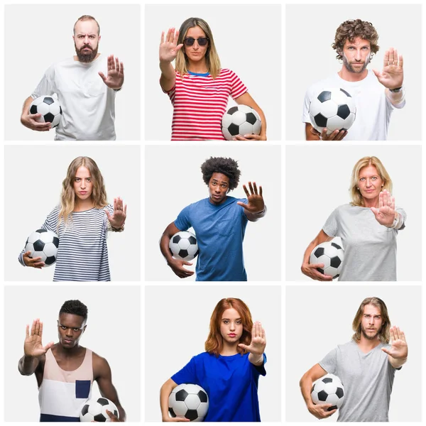 Collage of group of young and senior people holding soccer ball over isolated background with open hand doing stop sign with serious and confident expression, defense gesture