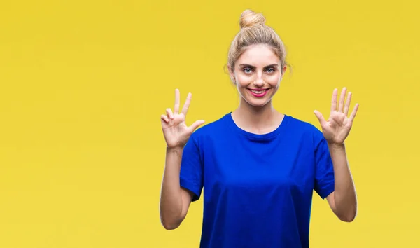 Jovem Linda Loira Azul Olhos Mulher Vestindo Azul Shirt Sobre — Fotografia de Stock