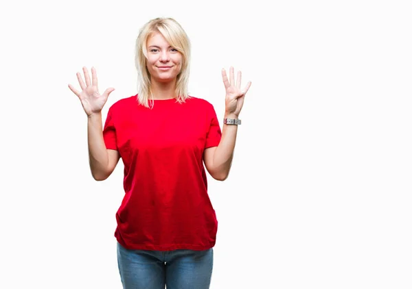 Young Beautiful Blonde Woman Wearing Red Shirt Isolated Background Showing — Stock Photo, Image