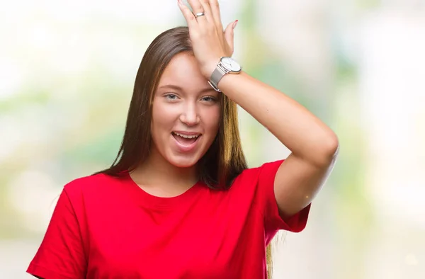 Giovane Bella Donna Caucasica Sfondo Isolato Sorpreso Con Mano Sulla — Foto Stock