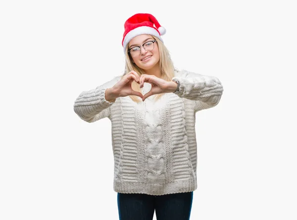 Молодая Кавказская Женщина Рождественской Шляпе Изолированном Фоне Улыбается Любви Показывая — стоковое фото