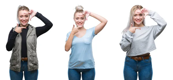 Colagem Bela Mulher Jovem Loira Sobre Fundo Isolado Sorrindo Fazendo — Fotografia de Stock