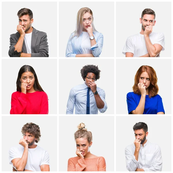 Collage Gruppo Giovani Donna Uomini Sfondo Isolato Cercando Stressato Nervoso — Foto Stock