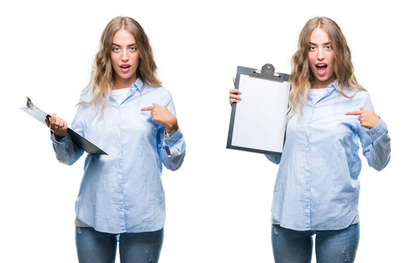 Jonge Mooie Jonge Zakelijke Vrouw Bedrijf Klembord Witte Geïsoleerde Achtergrond — Stockfoto