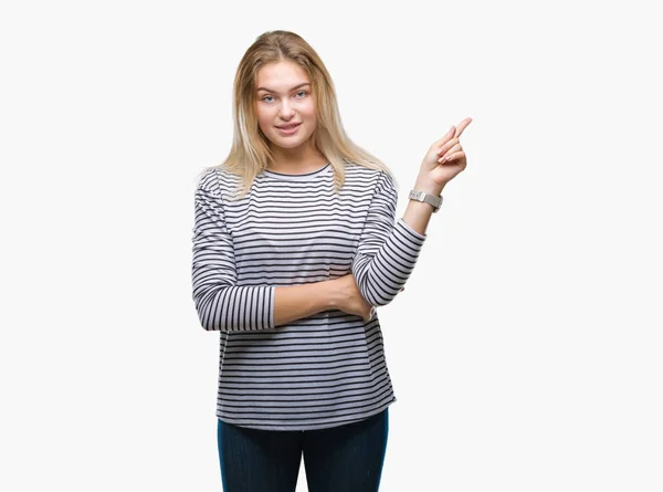 Young Caucasian Woman Isolated Background Big Smile Face Pointing Hand — Stock Photo, Image