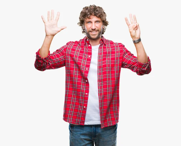 Hombre Modelo Hispano Guapo Sobre Fondo Aislado Mostrando Señalando Con — Foto de Stock