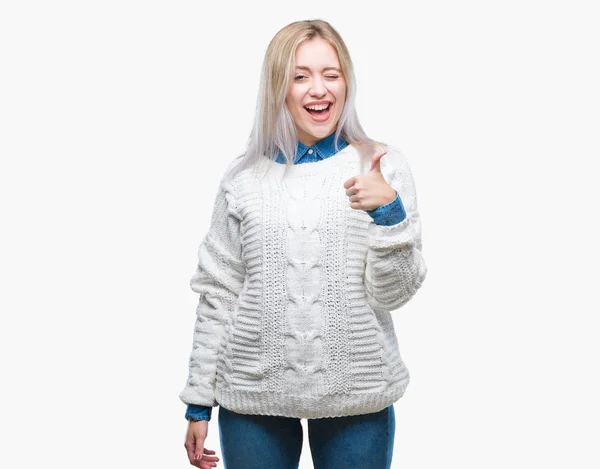 Young Blonde Woman Wearing Winter Sweater Isolated Background Doing Happy — Stock Photo, Image