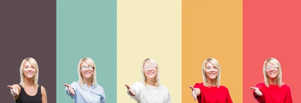 Collage Beautiful Blonde Woman Vintage Isolated Background Smiling Friendly Offering — Stock Photo, Image