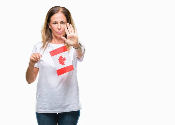 Hispanische Frau Mittleren Alters Mit Kanadischer Fahne Über Isoliertem Hintergrund — Stockfoto