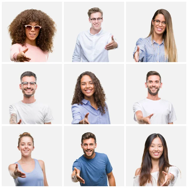 Collage Van Groep Jongeren Vrouw Mannen Witte Solated Achtergrond Lachende — Stockfoto