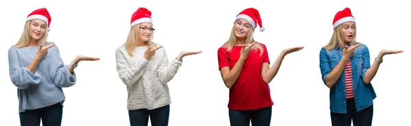 Colagem Jovem Bela Mulher Loira Vestindo Chapéu Natal Sobre Branco — Fotografia de Stock