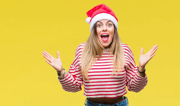 Jeune Belle Femme Portant Chapeau Noël Sur Fond Isolé Célébrant — Photo