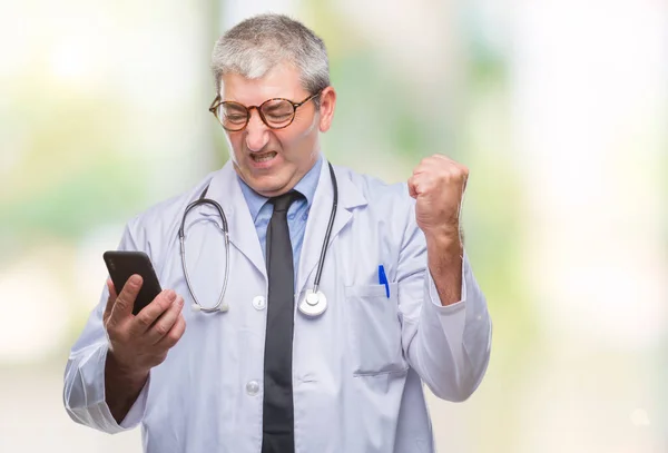 Handsome Senior Doctor Man Texting Sending Message Using Smarpthone Isolated — Stock Photo, Image