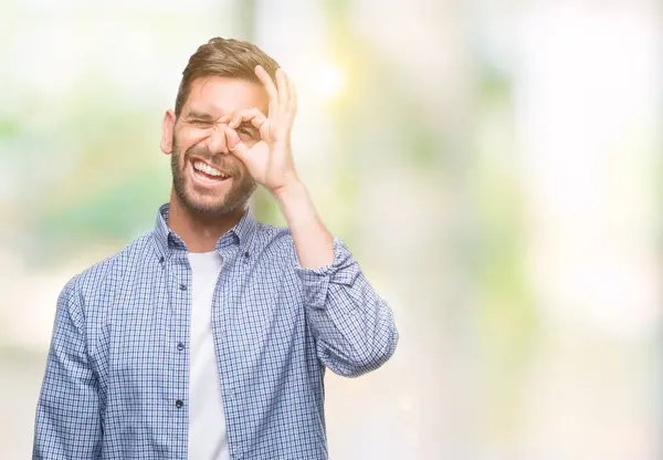 Jovem Bonito Homem Vestindo Branco Shirt Sobre Isolado Fundo Fazendo — Fotografia de Stock