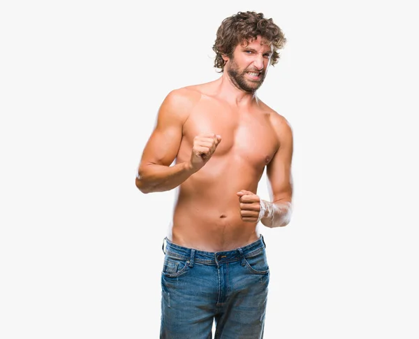 Mężczyzna Przystojny Hiszpanin Model Sexy Półnagi Białym Tle Tło Obrzydzenie — Zdjęcie stockowe