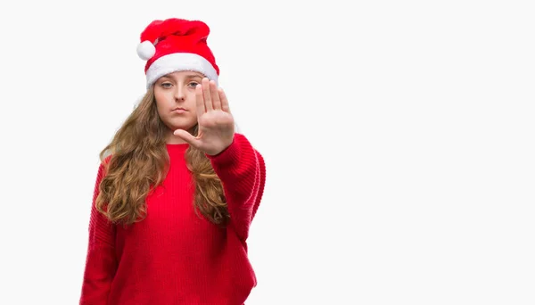 Unga Blonda Kvinnan Bär Jultomten Hatt Med Öppen Hand Gör — Stockfoto