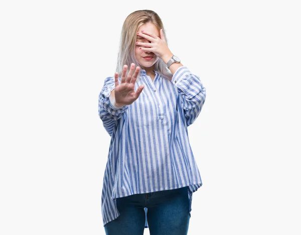 Young Blonde Woman Isolated Background Covering Eyes Hands Doing Stop — Stock Photo, Image