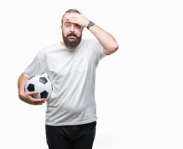 Giovane Hipster Caucasico Che Tiene Palla Calcio Sfondo Isolato Stressato — Foto Stock