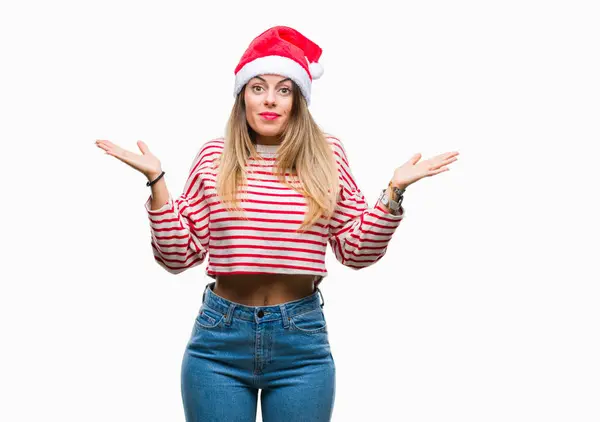 Mujer Hermosa Joven Con Sombrero Navidad Sobre Fondo Aislado Expresión — Foto de Stock