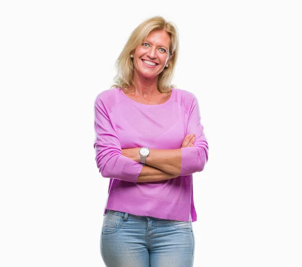 Middle Age Blonde Woman Isolated Background Happy Face Smiling Crossed — Stock Photo, Image