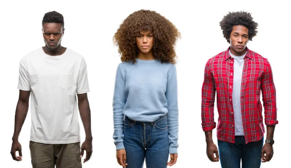 Collage Afroamerikanska Grupp Människor Över Isolerade Bakgrund Skeptiker Och Nervös — Stockfoto