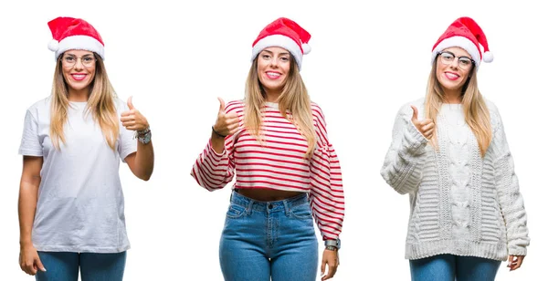Коллаж Молодой Красивой Женщины Рождественской Шляпе Изолированном Фоне Делает Счастливые — стоковое фото