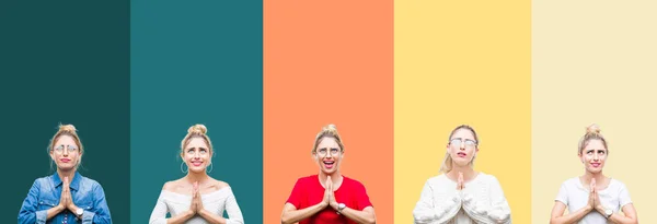 Collage Van Jonge Mooie Blonde Vrouw Levendige Kleurrijke Vintage Strepen — Stockfoto