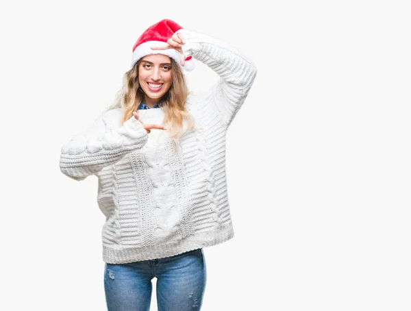 Linda Jovem Loira Vestindo Chapéu Natal Sobre Fundo Isolado Sorrindo — Fotografia de Stock