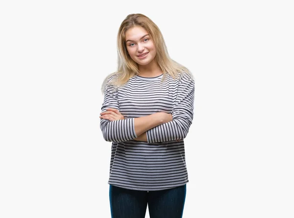 Joven Mujer Caucásica Sobre Fondo Aislado Cara Feliz Sonriendo Con —  Fotos de Stock