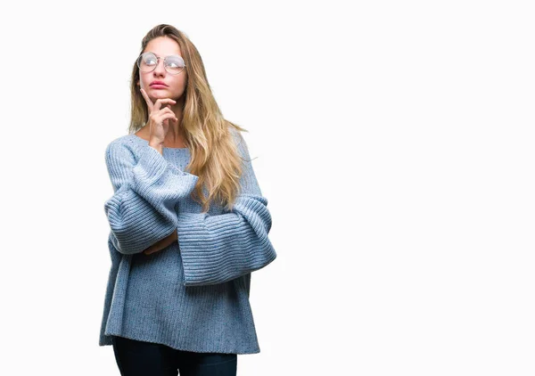 Young Beautiful Blonde Woman Wearing Sweater Glasses Isolated Background Hand — Stock Photo, Image