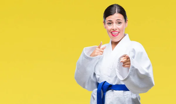 Young Beautiful Woman Wearing Karate Kimono Uniform Isolated Background Pointing — Stock Photo, Image