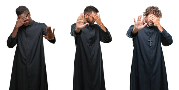 以上のキリスト教の司祭の男性のコラージュが手で目を覆っている背景を分離し 停止を行う悲しいとジェスチャーし恐怖表現 恥ずかしいと負の概念 — ストック写真