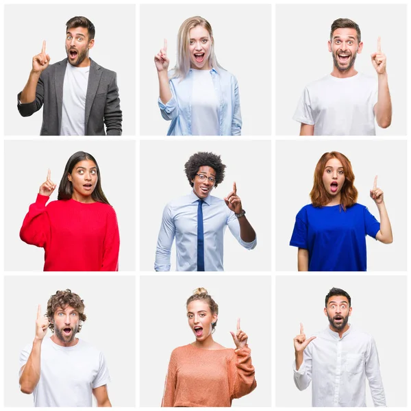 Collage Group Young People Woman Men Isolated Background Pointing Finger — Stock Photo, Image