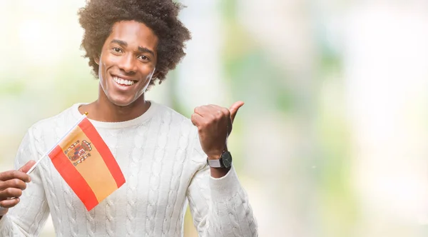 Bandera Hombre Afroamericano España Sobre Fondo Aislado Señalando Mostrando Con — Foto de Stock