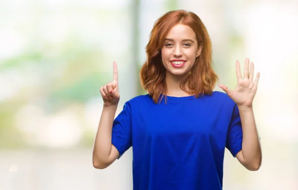 Young Beautiful Woman Isolated Background Showing Pointing Fingers Number Six — Stock Photo, Image