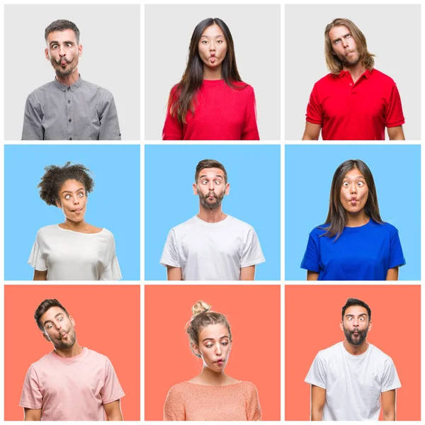 Collage Grupo Jóvenes Sobre Fondo Aislado Colorido Haciendo Cara Pez — Foto de Stock
