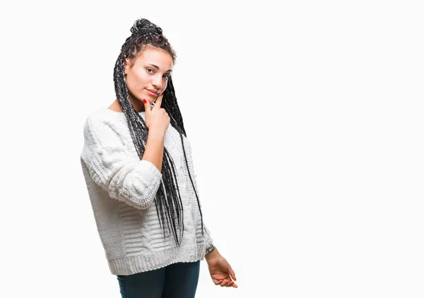 Jovem Trançado Cabelo Afro Americano Menina Vestindo Suéter Sobre Fundo — Fotografia de Stock