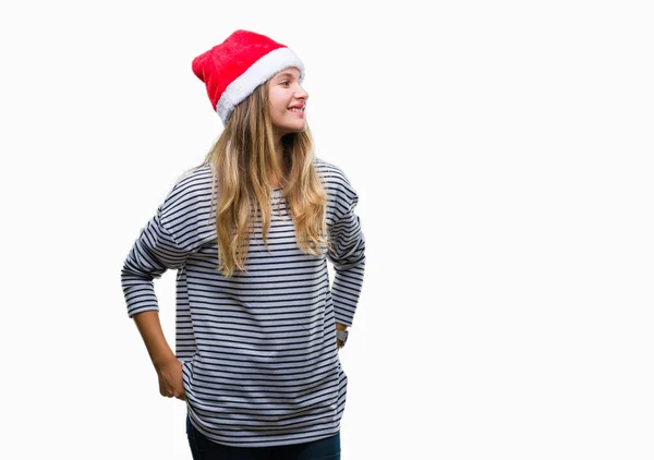 Jovem Mulher Loira Bonita Vestindo Chapéu Natal Sobre Fundo Isolado — Fotografia de Stock