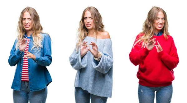 Beyaz izole arka plan üzerinde genç güzel ve genç birbayan tiksinti ifadesi, memnun ve korkulu tiksinti yüz yapıyorsun çünkü nefret tepki. Elleriyle kaldırdı. Sinir bozucu kavramı.