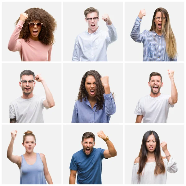 Collage Van Groep Jongeren Vrouw Mannen Witte Solated Achtergrond Boos — Stockfoto