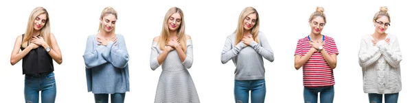 Collage Van Jonge Mooie Blonde Vrouw Geïsoleerde Achtergrond Glimlachend Met — Stockfoto