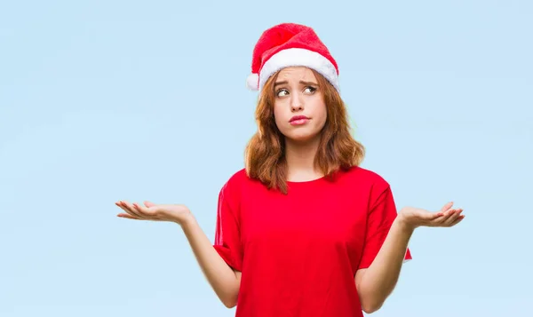 Mujer Hermosa Joven Sobre Fondo Aislado Usando Sombrero Navidad Expresión —  Fotos de Stock