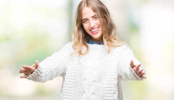 Vacker Ung Blond Kvinna Iförd Vinter Tröja Över Isolerade Bakgrunden — Stockfoto