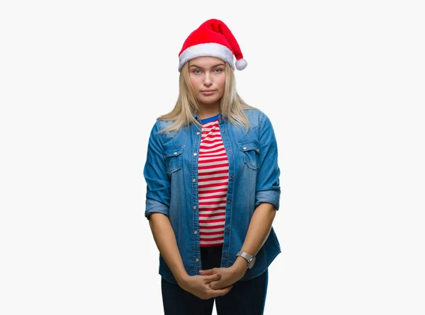 Καυκάσιος Γυναίκα Φοράει Καπέλο Χριστουγέννων Πάνω Από Απομονωμένες Φόντο Σοβαρή — Φωτογραφία Αρχείου