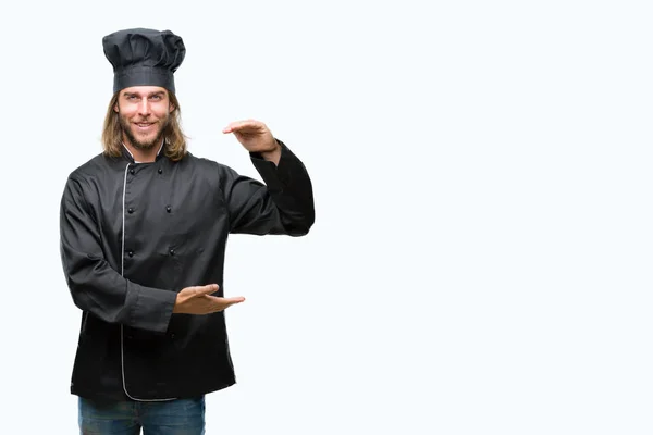 Young Handsome Cook Man Long Hair Isolated Background Gesturing Hands — Stock Photo, Image