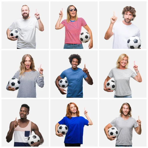 Collage Grupo Jóvenes Personas Mayores Sosteniendo Pelota Fútbol Sobre Fondo —  Fotos de Stock